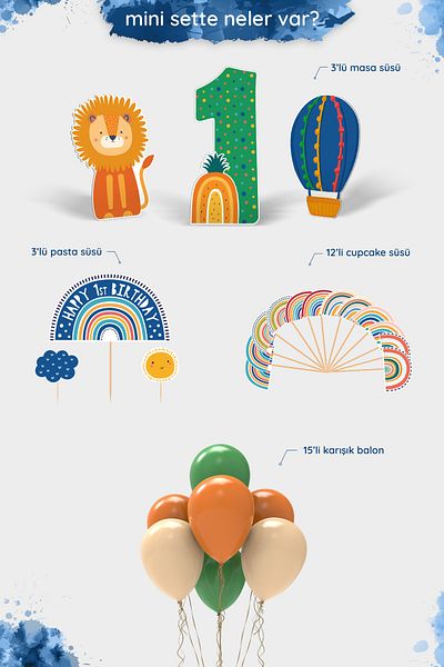 Hey Parti Σετ πάρτι γενεθλίων Boho Baby Multicolor με θέμα το ουράνιο τόξο 1 έτους - Σετ γενεθλίων - Mini