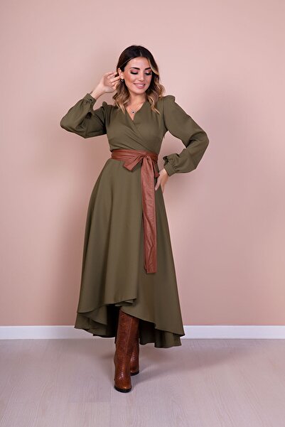 lovebox Women's Flexible Atlas Fabric Asymmetrical Cut Tan Belt Detailed Double Breasted Collar Khaki Maxi Dress 210