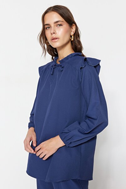 Trendyol Modest Navy Blue Denim Look Tunika-nadrág szett TCTSS23US00058