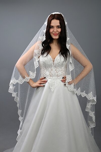 paris in paris Gelinlik Duvağı Simli Tül Rahibe Model Fransız Dantelli Boyu 1...