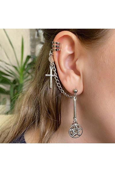 Köstebek Gothic Punk Crusader Pentagram Chain Spiral Earrings