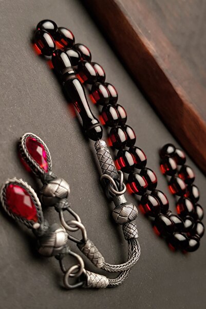 OTTOTESBİH Erkek Gümüş Kazaz Püskül Kırmızı Sürmeli Kehribar Tesbih