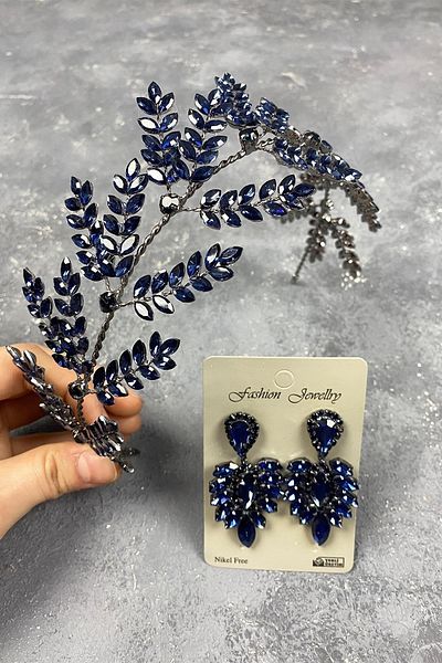 Hobigram Banda cu ramuri de frunze Bilana bleumarin Accesoriu pentru păr Henna pentru mireasă Set de cercei cu pietre – Coroană – Coroană