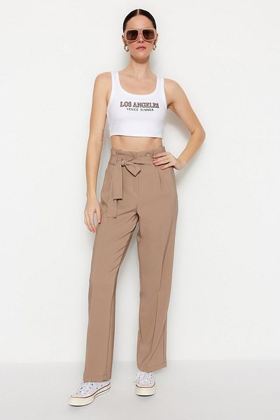 Trendyol Collection Mink Belted Straight Cut Woven Trousers TWOSS23PL00199