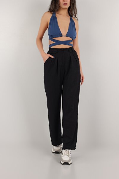 High Waist Premium Full Stretch Fabric Pleated Detailed Palazzo Pants with Pockets PAN001