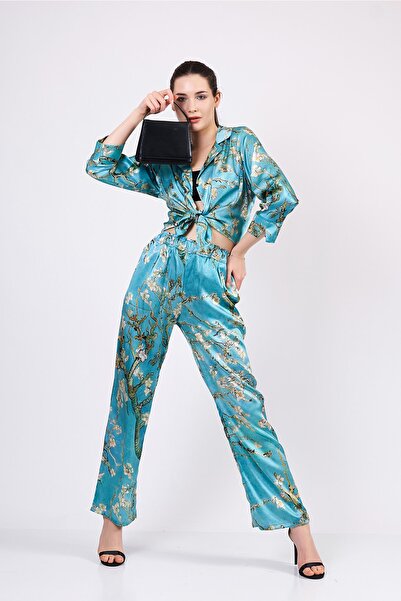 Nomads Felt Pure Silk Shirt-Pants Set/Pajama Set| Turquoise Van Gogh Almond Tree| Nomads Felt