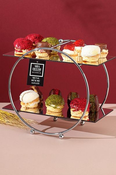 mba decor metal bending art Round Silver Mirrored Coffee Side Presentation Gift Decoration Treat Organizer MDF Wooden 26cm