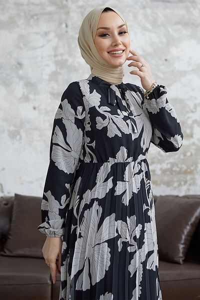 InStyle Elya Floral Collar Belted Chiffon Dress - Black