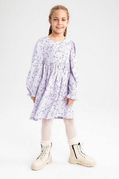 DeFacto Girl's Floral Crew Neck Long Sleeve Combed Cotton Dress