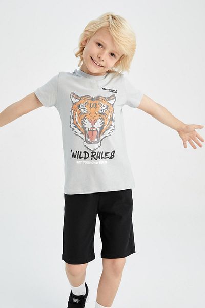 DeFacto Boy's Printed Cotton T-Shirt Shorts 2-Piece Set