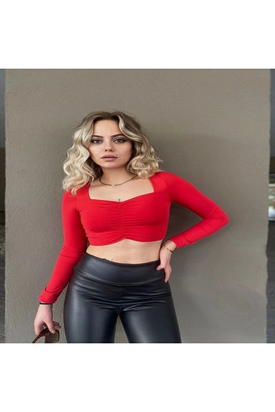 ELBEY Gathered Front Sweetheart Neck Crop Blouse
