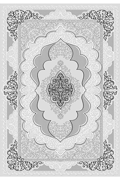 Mutlu Çeyiz Otantik Desenli Süngerli Lastikli Kaymaz Gri Siyah Renk Yıkanabilir Halı Örtüsü Mc67