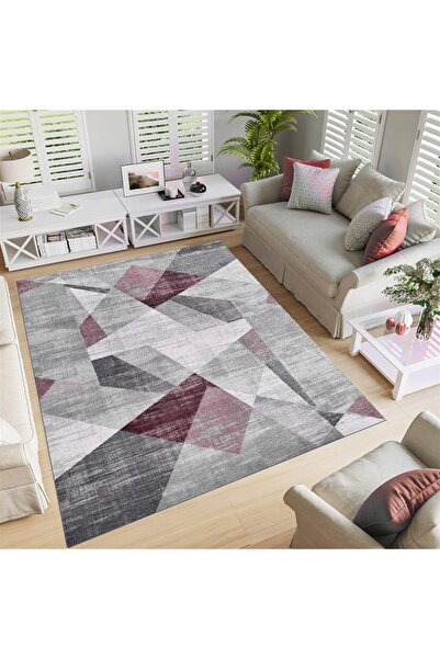 Mutlu Çeyiz Geometrik Desenli Süngerli Lastikli Kaymaz Yıkanabilir Halı Örtüsü Mc65