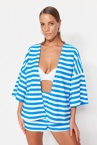 Trendyol Collection Blue Striped Belted Mini Knitted Kimono&Kaftan TBESS23KM00065
