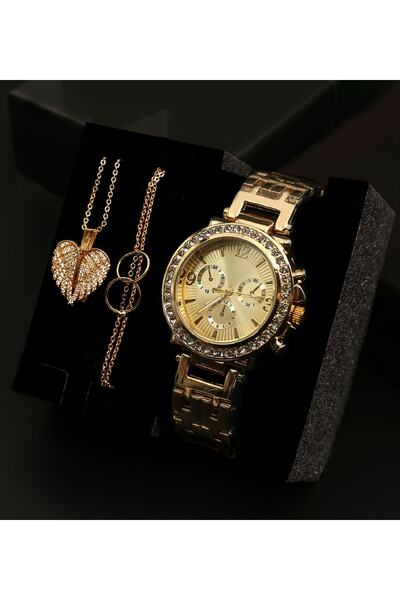 Bonitagift Gold Taş Detaylı Kalp Kolye & Gold Taş Detaylı Kadın Kol Saati & H...