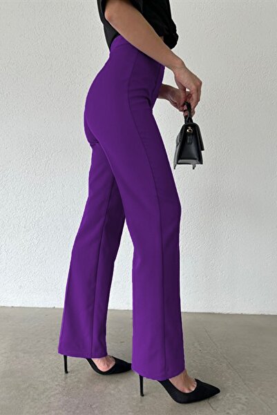 Ortaya Çık Mor Yüksek Bel Crep Kumaş Palazzo Pantolon