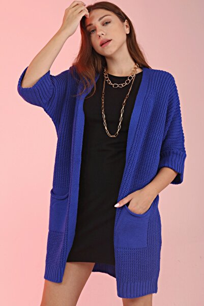 Devinka Oversize Γυναικεία Saks Μπλε Πλεκτή Ζακέτα με μακριά τσέπη