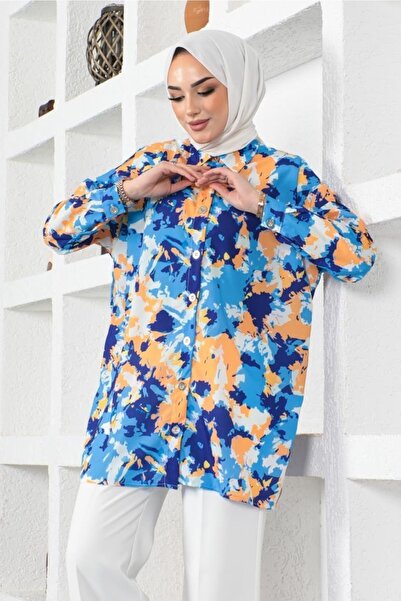 benguen 8890 Patterned Hijab Shirt Saxe Blue