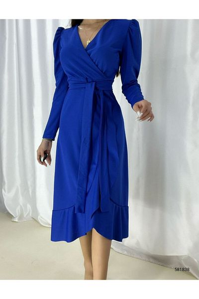 modakyra Rochie legendară pentru femei, albastră, creponată, cu mânecă lungă, cu curea midi (ALBASTRU)