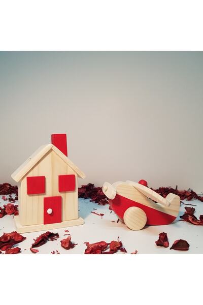 aswood Wooden Handmade Baby Plane + Piggy Bank Toy Set, Decorative Toy, Educational Toy, Children's Toy