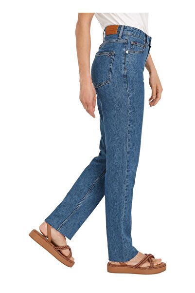 Tommy Hilfiger Normal Bel Geniş Paça Mom Fit Koyu Mavi Kadın Denim Pantolon Ww0ww381611a7
