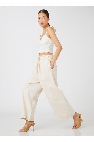 Koton Tie Waist Loose Cut Off-White Women's Trousers 3sal40012mw