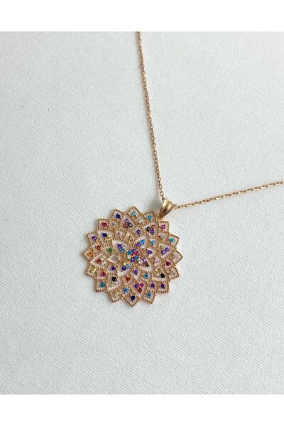 BK Design Renkli Taşlı Etnik Desen 925 Ayar Gümüş Üzeri Rose Kaplama Gümüş Kolye