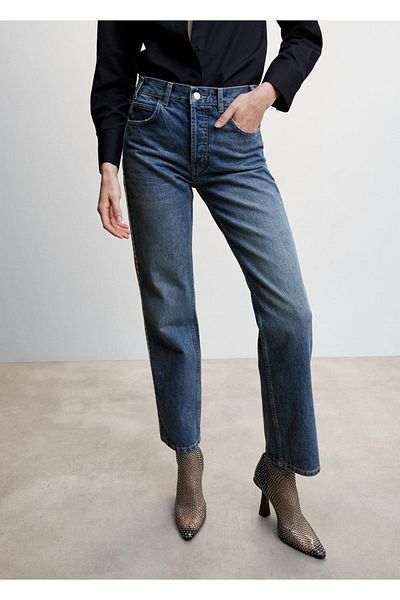 MANGO Woman Egyenes szabású Jean, oldalán kristály részletekkel