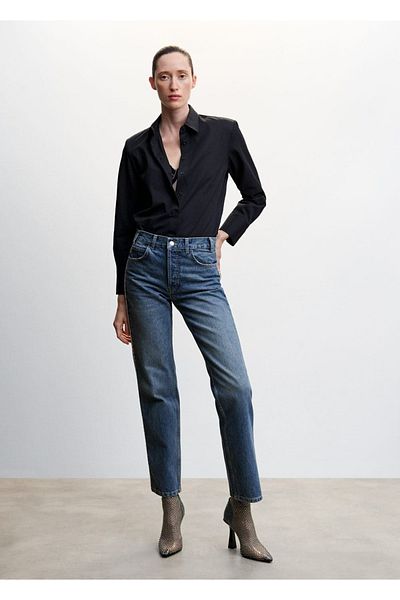 MANGO Woman Egyenes szabású Jean, oldalán kristály részletekkel