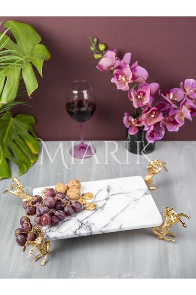 MIARIK DESIGN & DEKORASYON Dekoratıf Gold At Detaylı Leylak Dıkdortgen Mermer...