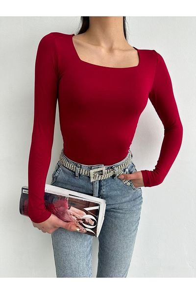 laughs Women's Square Collar Long Sleeve Front Double Layer Plain Basic Slim Blouse Blz1184