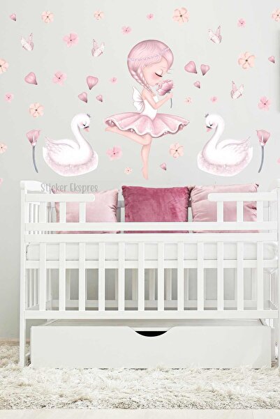 Sticker Ekspres Soft Renk Peri Kızı Ve Kuğular Çocuk Odası Duvar Sticker Seti