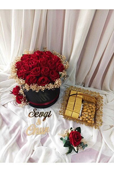 Destina Tasarım Büyük Boy Kutuda Kız Isteme Çiçeği Ve Gondol Seti /kırmızı Gü...