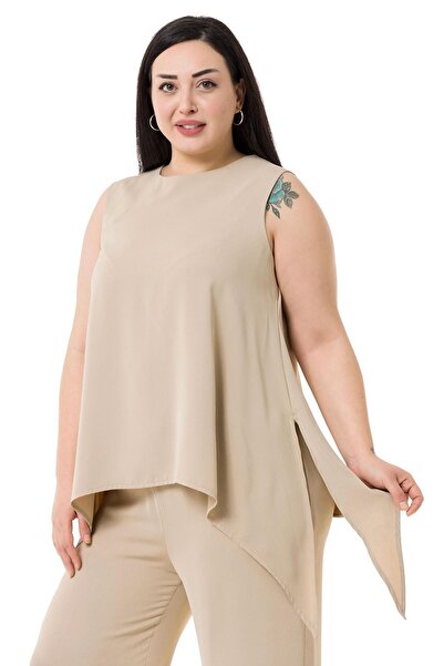 DISENTIS MODEST Plus Size Blouse Trousers Beige Color Set