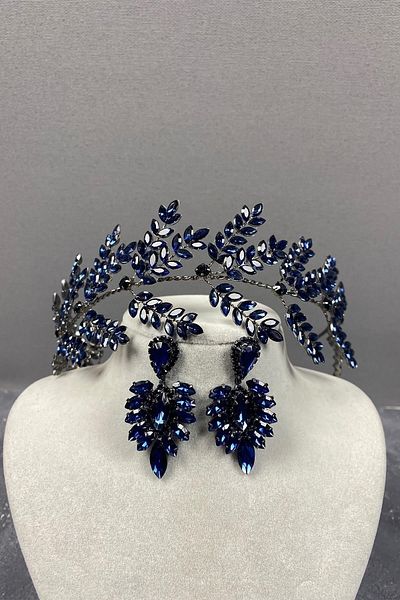 Hobigram Banda cu ramuri de frunze Bilana bleumarin Accesoriu pentru păr Henna pentru mireasă Set de cercei cu pietre – Coroană – Coroană