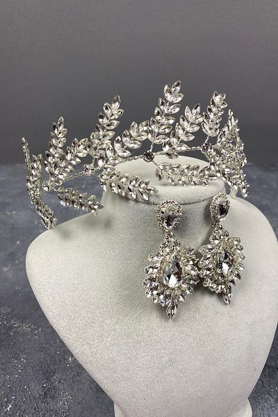Hobigram Culoarea argintie Bilana Leaf Branch Band Accesoriu pentru păr Henna de mireasă Set de cercei cu pietre – Coroană – Tiara