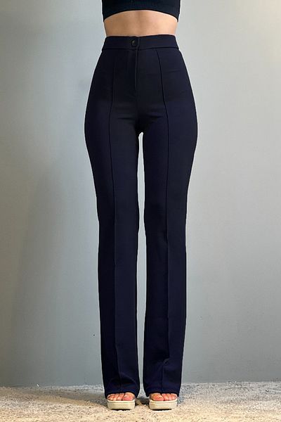 NET OF NOT Elegante Palazzo-Hose für Damen in Marineblau mit hoher Taille, gerippten Nähten und Raffungen für die neue Saison