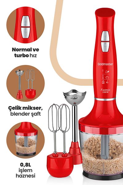 GOLDMASTER مجموعة خلاط Fastmix Red بقدرة 1000 وات صامتة وقابلة للتعديل 3 في 1