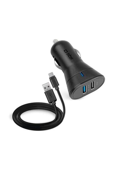 SBS Araç Şarj Cihazı 12/24V 2100 mAh 2 Usb Çıkışı Type C Kablo Siyah TEKITCRC...