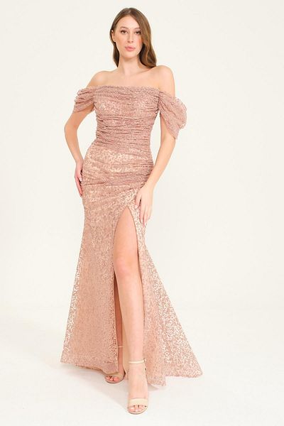 SpringStore Nude Low Sleeve Glitter Detailed Evening Dress