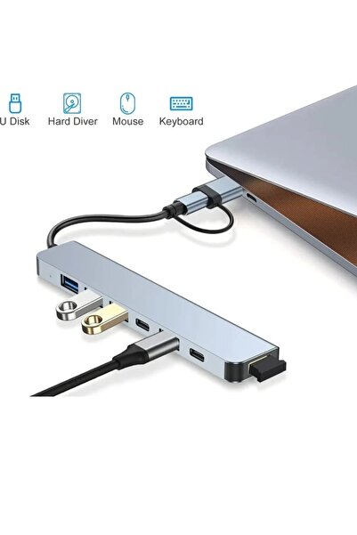 comse Alüminyum Usb Hub 7 In 1 Usb / Type-c To Usb A, Usb C, Usb 2.0 / 3.0 Çevirici Tak Çalıştır Usb
