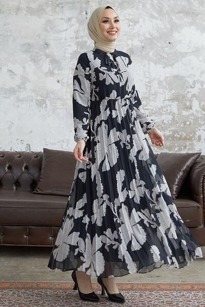 InStyle Elya Floral Collar Belted Chiffon Dress - Black