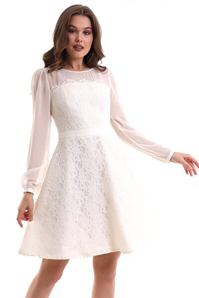 Silk Parade Ekru Dantel Kaplı Kısa Özel Tasarım Söz/nişan/after Parti Elbisesi