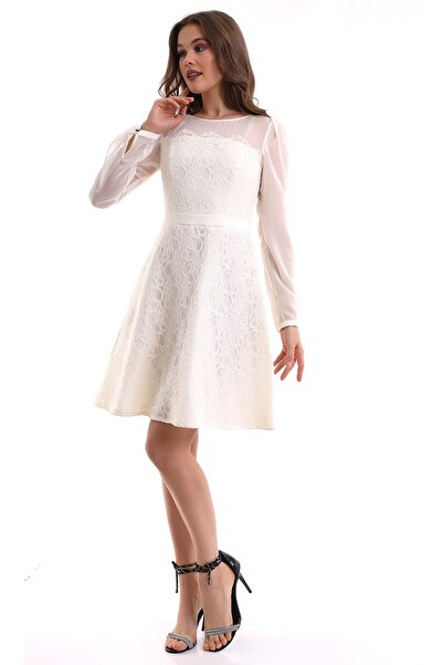 Silk Parade Ekru Dantel Kaplı Kısa Özel Tasarım Söz/nişan/after Parti Elbisesi