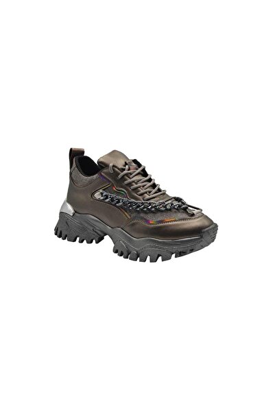DUYGUSHOESBAG Kadın Gümüş Zincir Aksesuarlı Kalın Tabanlı Spor Ayakkabı