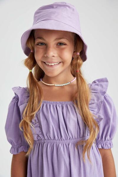 DeFacto Bawełniana sukienka dla dziewczynki z krótkim rękawem i kwadratowym kołnierzykiem