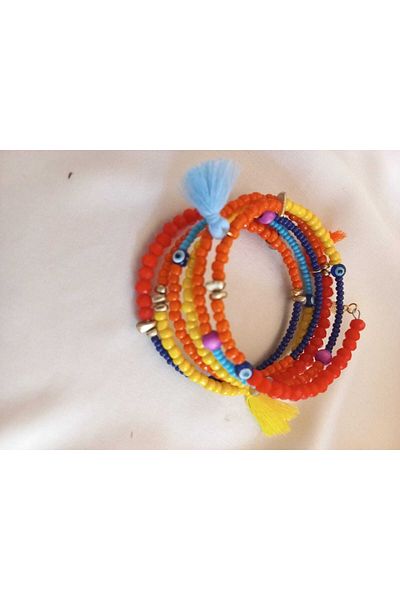 İPAR AKSESUAR Orange Tassel Multiple Design - Necklace and Wrapped Bracelet Set