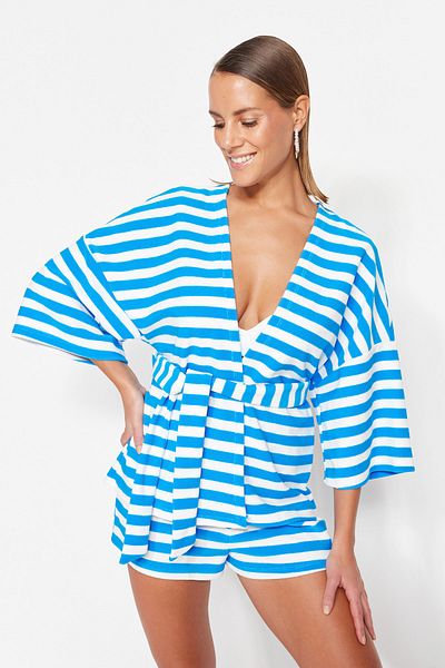 Trendyol Collection Blue Striped Belted Mini Knitted Kimono&Kaftan TBESS23KM00065