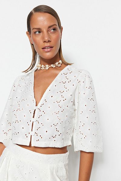 Trendyol Collection Λευκή Crop Woven Μπλούζα TBESS23BZ00069