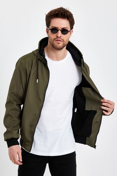 Rompasso Men's Khaki Print Detail Embroidered Water Repellent Seasonal Spring Jacket Coat